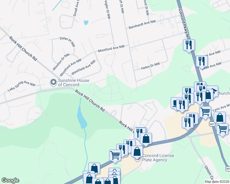 map of restaurants, bars, coffee shops, grocery stores, and more near 1204 Cavalier Court Northwest in Concord