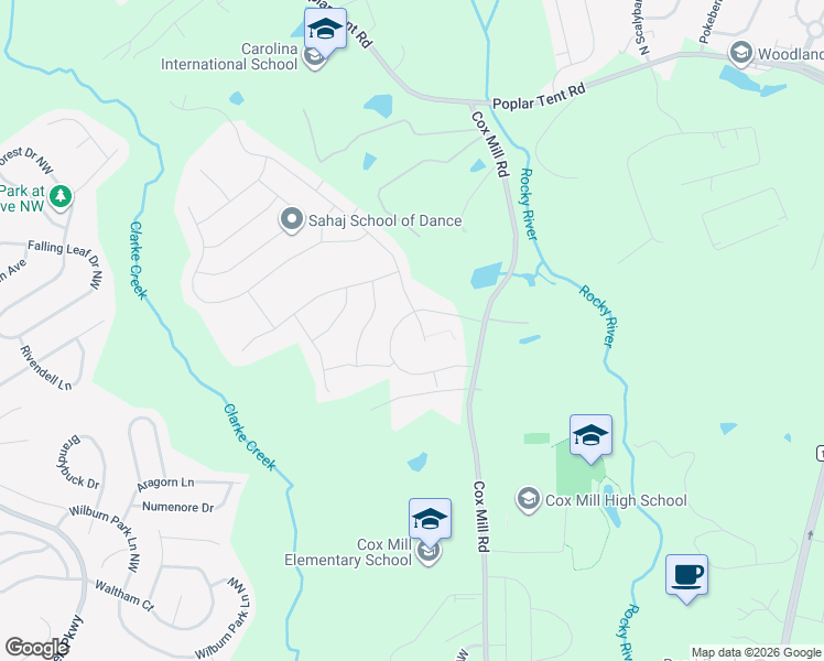 map of restaurants, bars, coffee shops, grocery stores, and more near 986 Old Trace Road Northwest in Concord