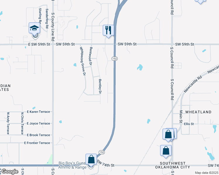 map of restaurants, bars, coffee shops, grocery stores, and more near 6512 Bentley Drive in Oklahoma City