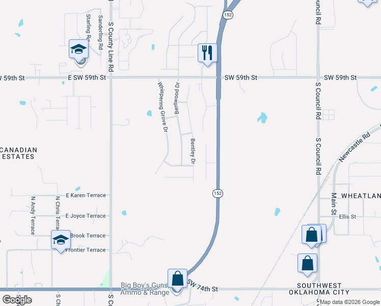 map of restaurants, bars, coffee shops, grocery stores, and more near 6512 Bentwood Drive in Oklahoma City