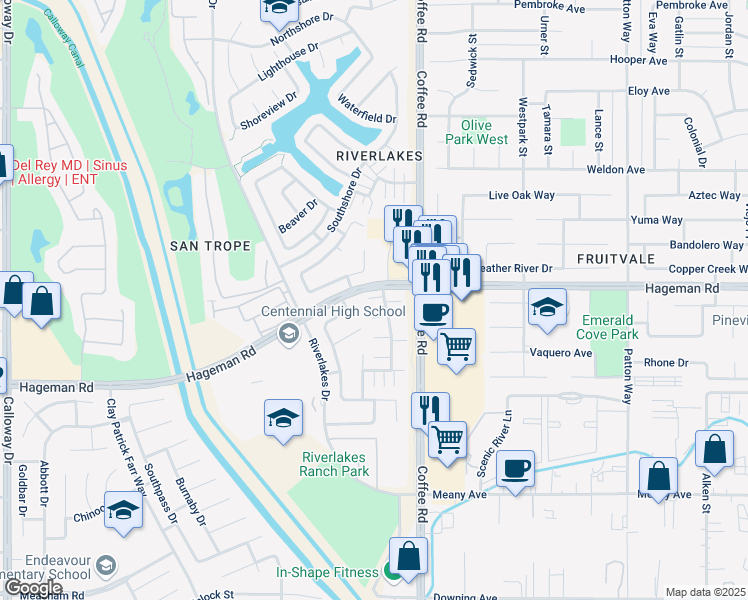 map of restaurants, bars, coffee shops, grocery stores, and more near 4511 Pebble Creek Drive in Bakersfield