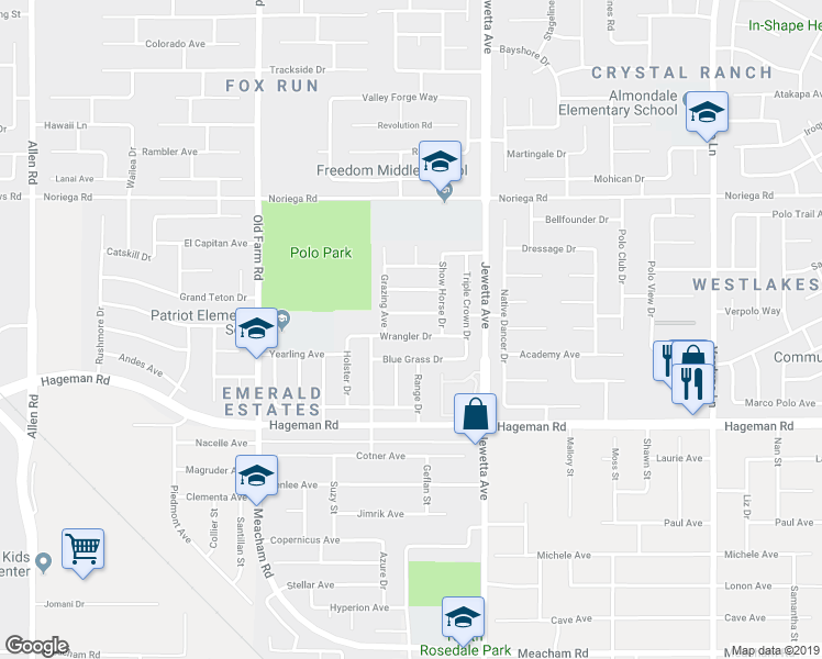 map of restaurants, bars, coffee shops, grocery stores, and more near 11526 Wrangler Drive in Bakersfield