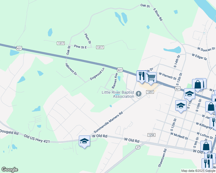 map of restaurants, bars, coffee shops, grocery stores, and more near 145 Morgan Drive in Lillington