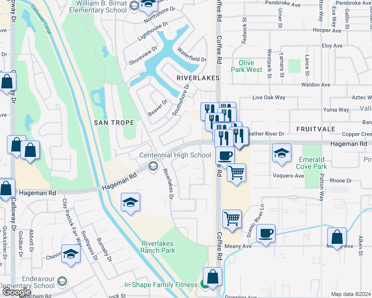 map of restaurants, bars, coffee shops, grocery stores, and more near 8310 Olive Grove Court in Bakersfield