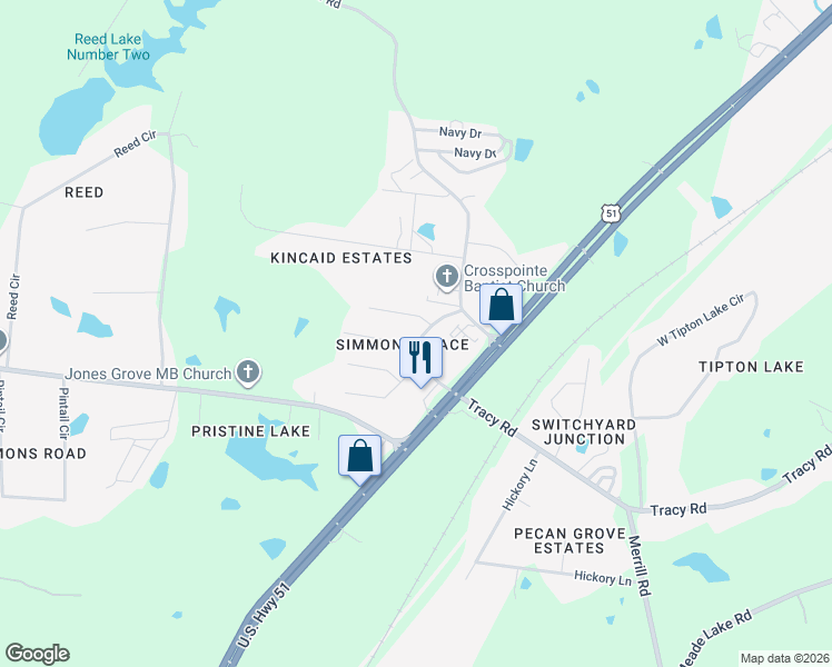map of restaurants, bars, coffee shops, grocery stores, and more near 111 Blackhawk Cove in Munford