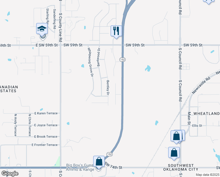 map of restaurants, bars, coffee shops, grocery stores, and more near 6528 Bentley Drive in Oklahoma City