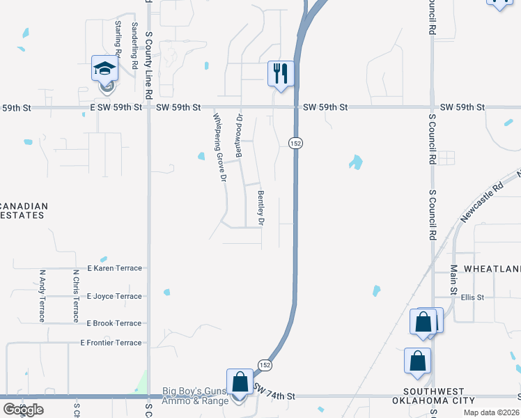 map of restaurants, bars, coffee shops, grocery stores, and more near 6525 Bentley Drive in Oklahoma City