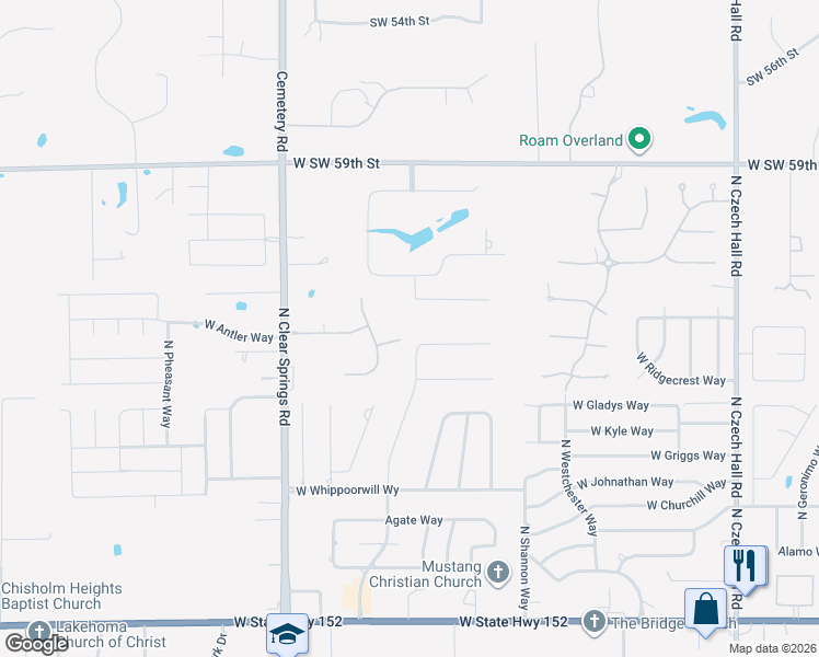 map of restaurants, bars, coffee shops, grocery stores, and more near 1424 West Hyde Park Way in Mustang