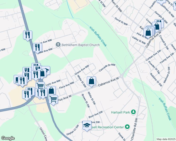 map of restaurants, bars, coffee shops, grocery stores, and more near 219 Andrews Street Northwest in Concord
