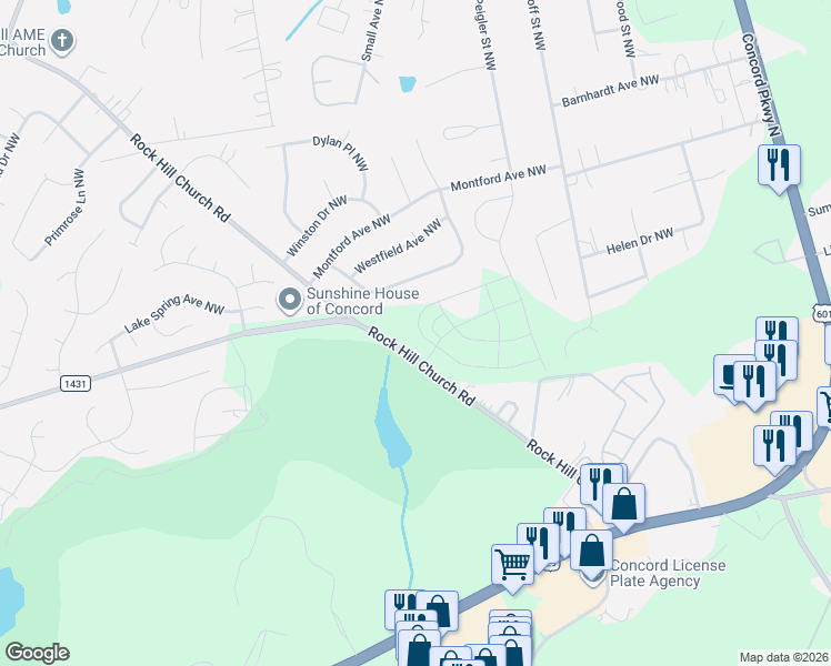 map of restaurants, bars, coffee shops, grocery stores, and more near 2955 Wendover Road Northwest in Concord
