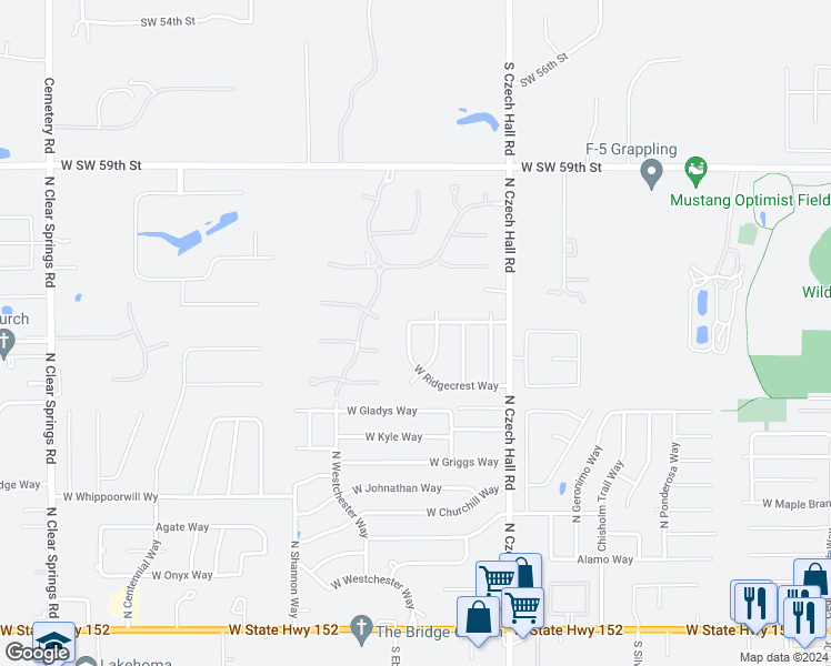 map of restaurants, bars, coffee shops, grocery stores, and more near 1056 North Ridgecrest Way in Mustang