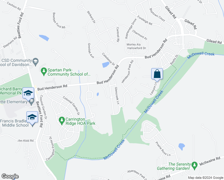 map of restaurants, bars, coffee shops, grocery stores, and more near 13522 Glenwyck Lane in Huntersville