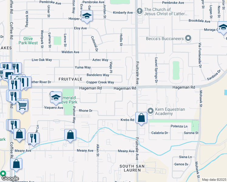 map of restaurants, bars, coffee shops, grocery stores, and more near 6921 Copper Creek Way in Bakersfield