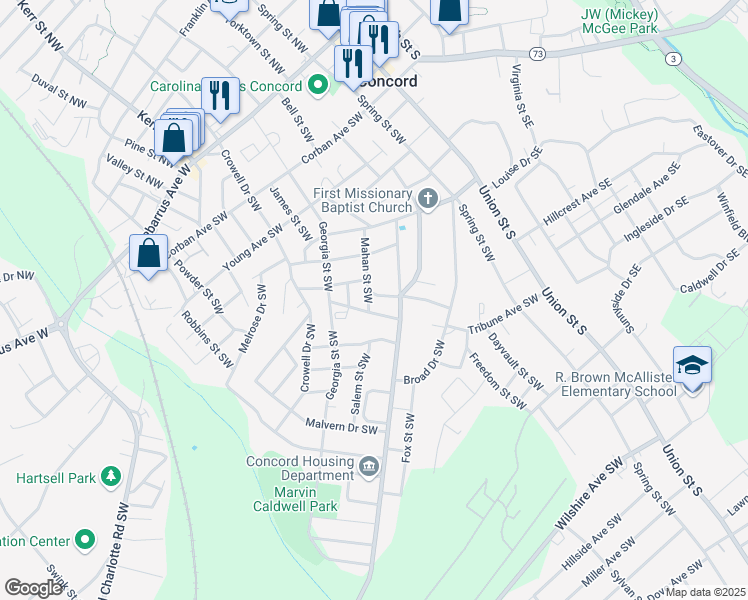 map of restaurants, bars, coffee shops, grocery stores, and more near 209 Mahan Street Southwest in Concord