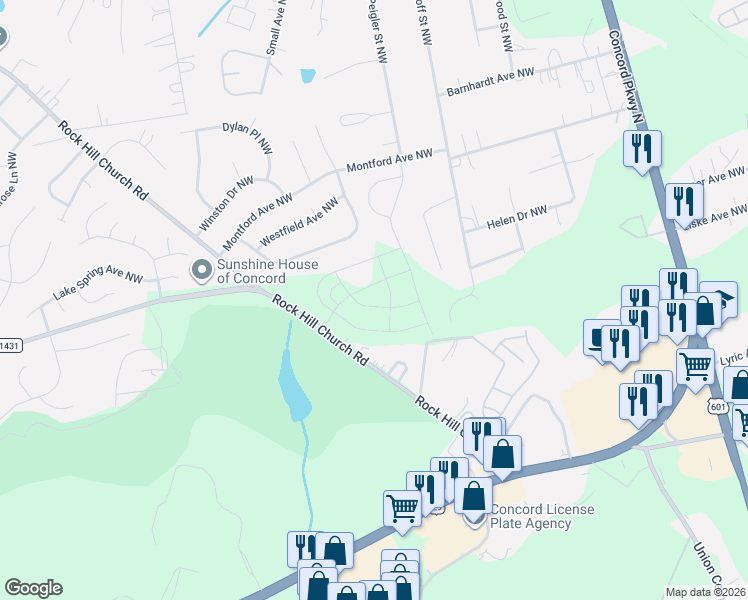 map of restaurants, bars, coffee shops, grocery stores, and more near 2740 Rock Hill Church Road in Concord