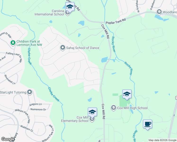 map of restaurants, bars, coffee shops, grocery stores, and more near 986 Old Trace Road Northwest in Concord