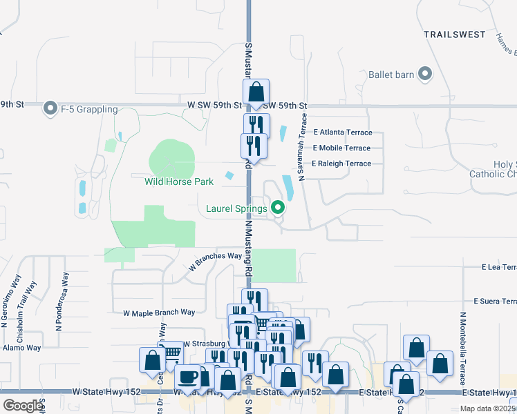 map of restaurants, bars, coffee shops, grocery stores, and more near 110 Peachtree Terrace in Mustang