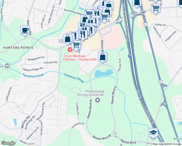 map of restaurants, bars, coffee shops, grocery stores, and more near 13717 Reese Boulevard West in Huntersville