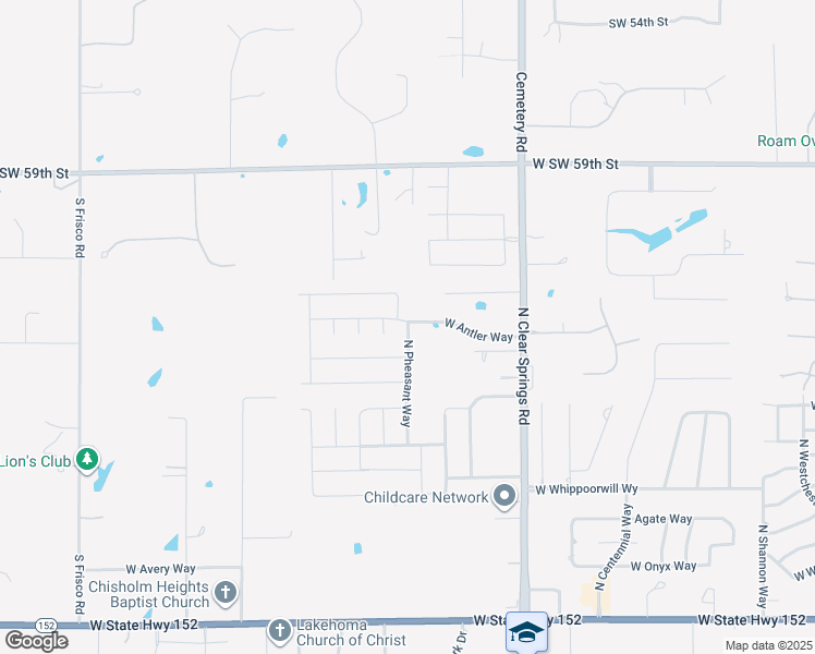 map of restaurants, bars, coffee shops, grocery stores, and more near 1120 North Pheasant Way in Mustang