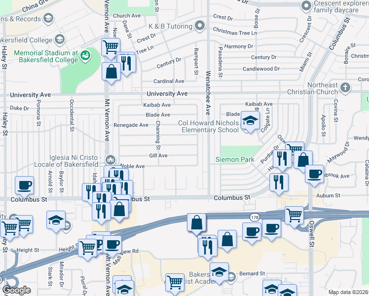 map of restaurants, bars, coffee shops, grocery stores, and more near 2825 San Pablo Avenue in Bakersfield
