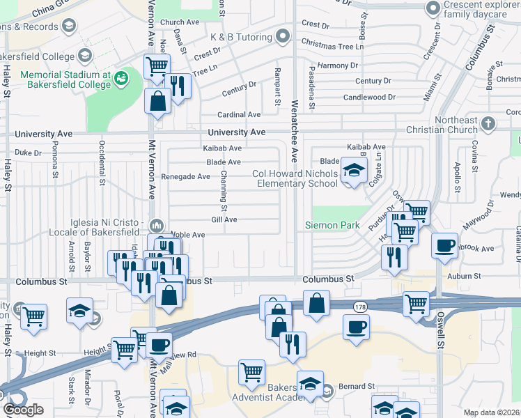 map of restaurants, bars, coffee shops, grocery stores, and more near 2825 San Pablo Avenue in Bakersfield