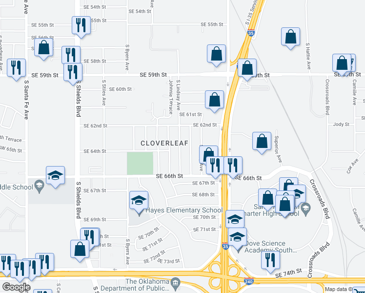 map of restaurants, bars, coffee shops, grocery stores, and more near 6412 South Lindsay Avenue in Oklahoma City
