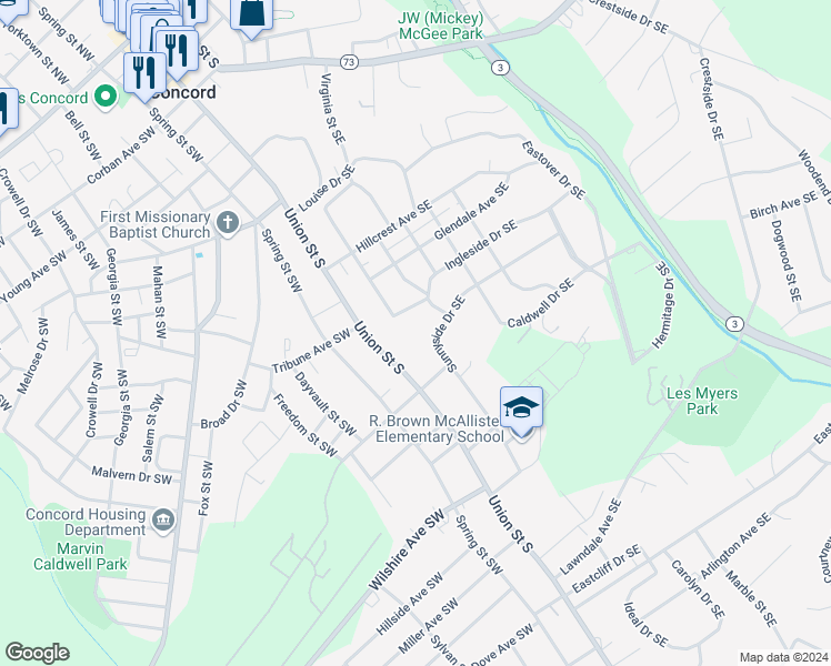 map of restaurants, bars, coffee shops, grocery stores, and more near 391 Union Street South in Concord