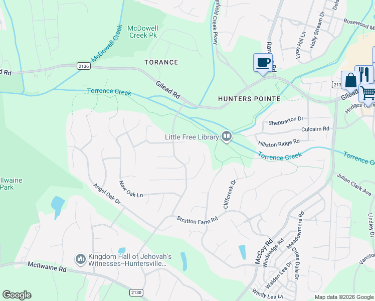map of restaurants, bars, coffee shops, grocery stores, and more near 9222 Torrence Crossing Drive in Huntersville