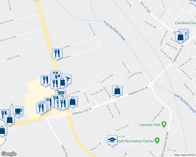 map of restaurants, bars, coffee shops, grocery stores, and more near 117 White Street Northwest in Concord