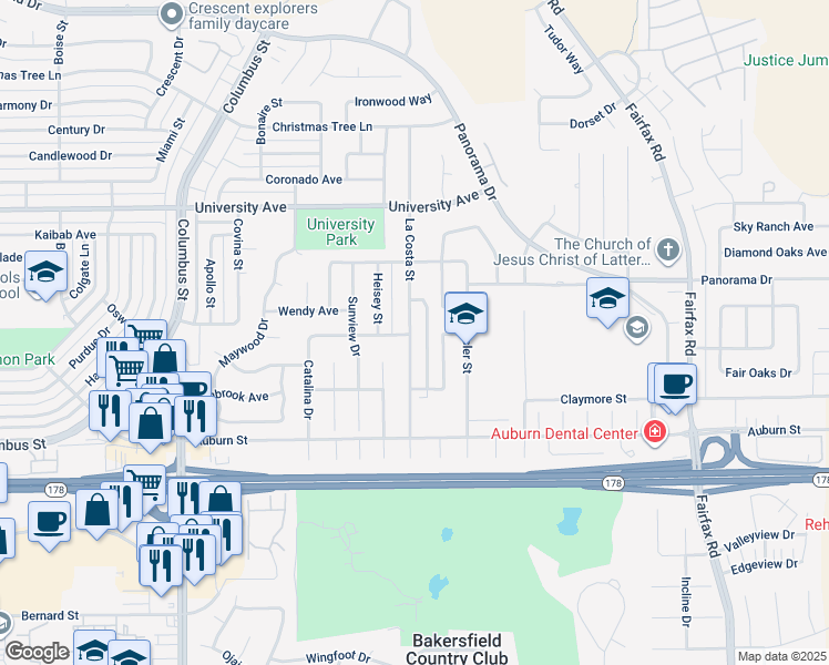 map of restaurants, bars, coffee shops, grocery stores, and more near 4616 San Miguel Way in Bakersfield