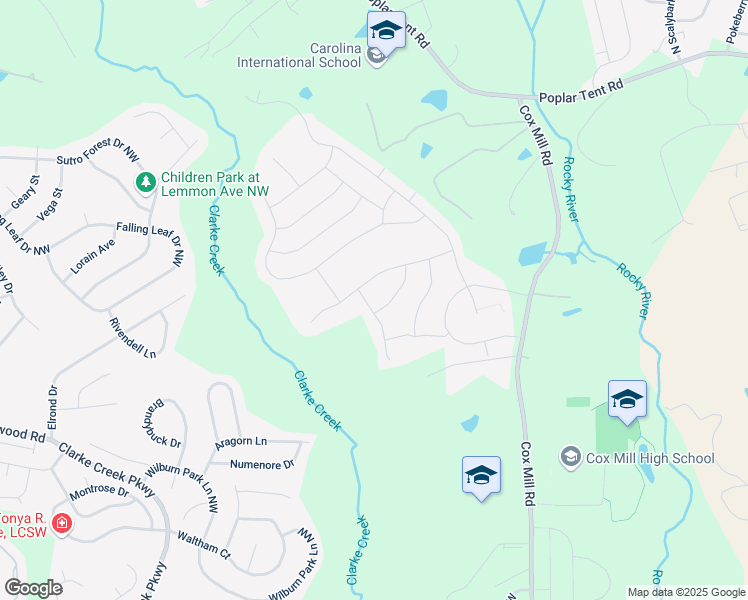 map of restaurants, bars, coffee shops, grocery stores, and more near 990 Parkland Place Northwest in Concord