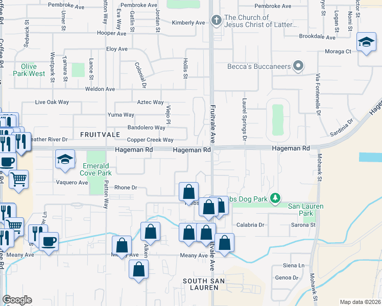 map of restaurants, bars, coffee shops, grocery stores, and more near 4512 River Glen Drive in Bakersfield