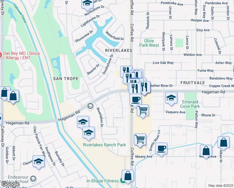 map of restaurants, bars, coffee shops, grocery stores, and more near 4515 Pebble Creek Drive in Bakersfield