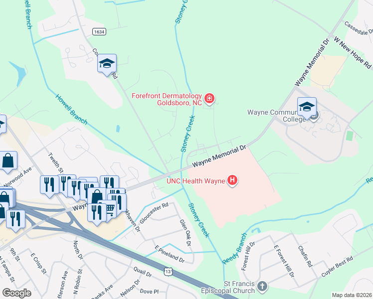 map of restaurants, bars, coffee shops, grocery stores, and more near 2603 Medical Office Place in Goldsboro