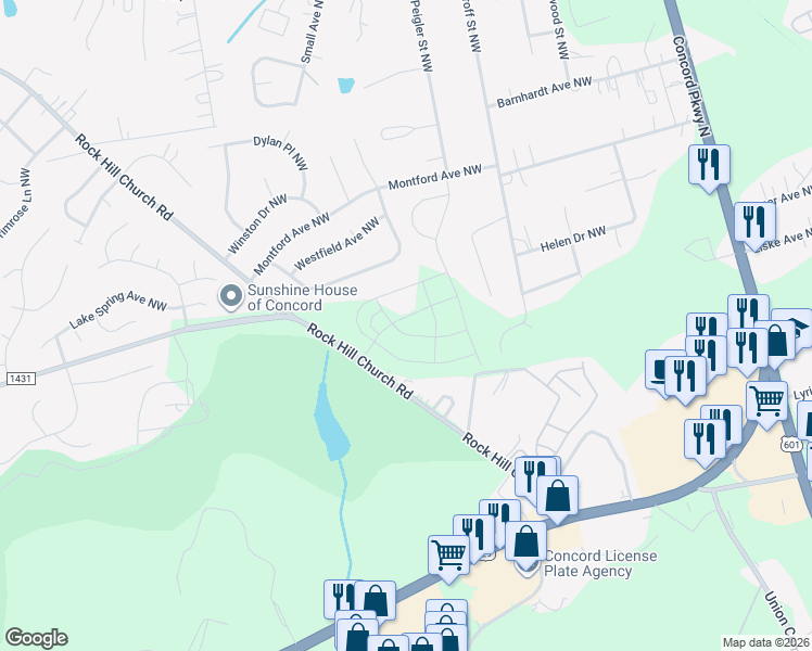 map of restaurants, bars, coffee shops, grocery stores, and more near 2740 Rock Hill Church Road in Concord