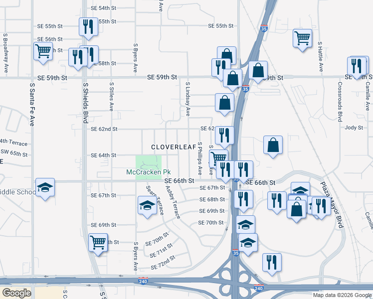 map of restaurants, bars, coffee shops, grocery stores, and more near 6405 South Phillips Avenue in Oklahoma City