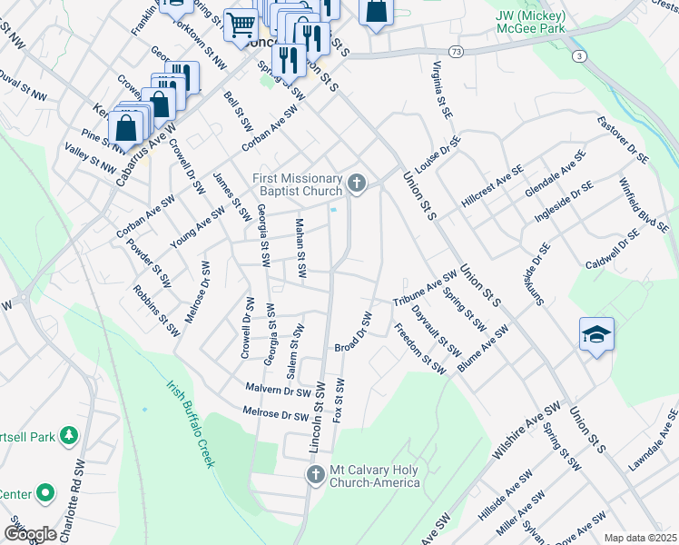 map of restaurants, bars, coffee shops, grocery stores, and more near High Avenue Southwest in Concord