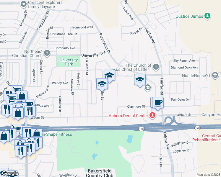 map of restaurants, bars, coffee shops, grocery stores, and more near 2905 Eissler Street in Bakersfield