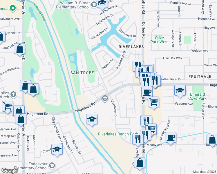 map of restaurants, bars, coffee shops, grocery stores, and more near 8510 Rockport Drive in Bakersfield