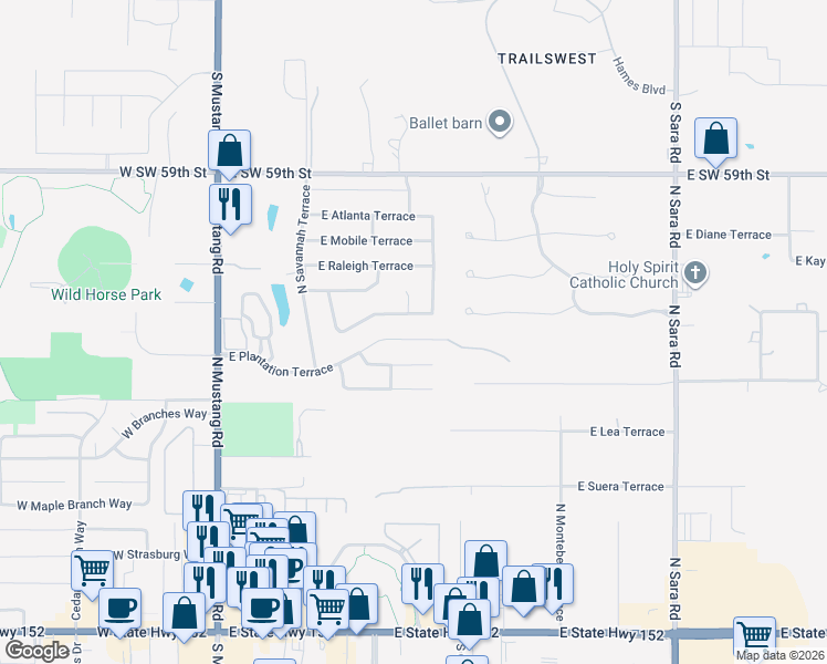 map of restaurants, bars, coffee shops, grocery stores, and more near 408 East Charlotte Terrace in Mustang