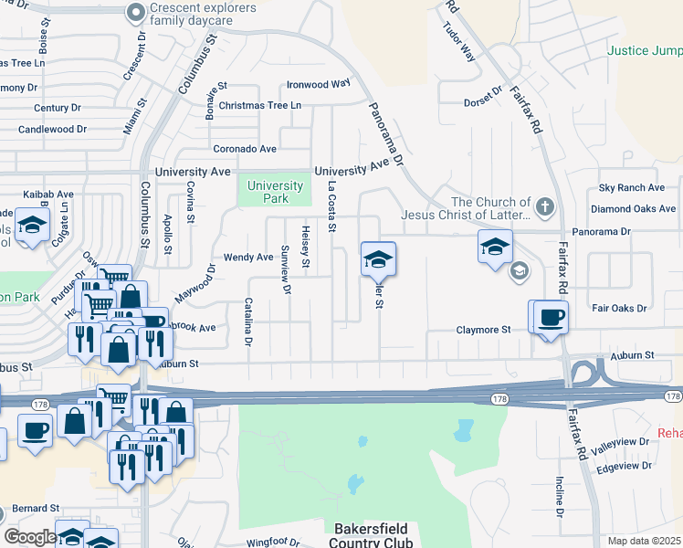 map of restaurants, bars, coffee shops, grocery stores, and more near 4616 San Miguel Way in Bakersfield