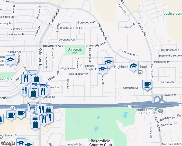 map of restaurants, bars, coffee shops, grocery stores, and more near 4616 San Miguel Way in Bakersfield
