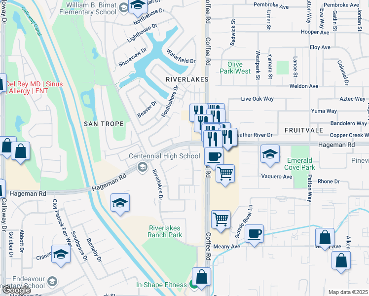 map of restaurants, bars, coffee shops, grocery stores, and more near 4515 Pebble Creek Drive in Bakersfield