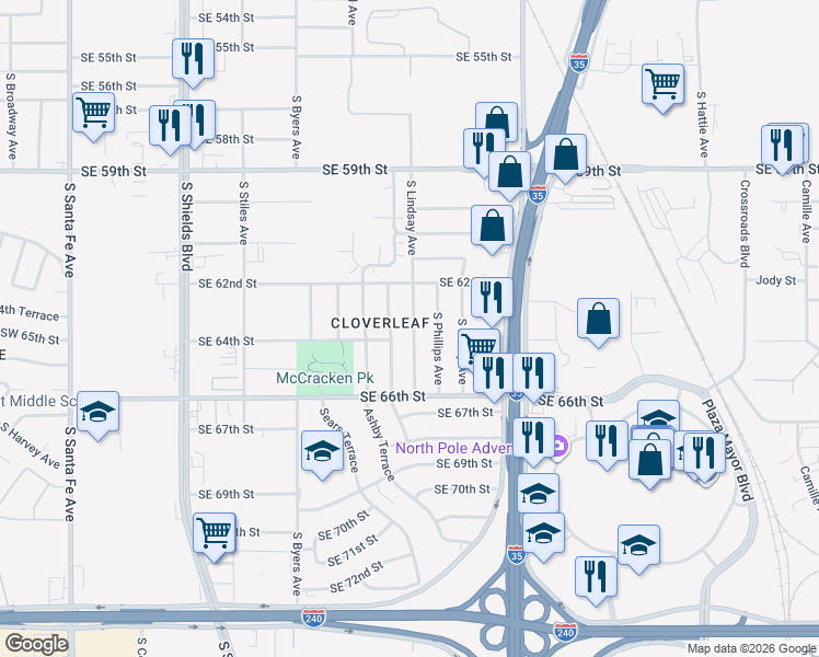 map of restaurants, bars, coffee shops, grocery stores, and more near 6405 South Phillips Avenue in Oklahoma City