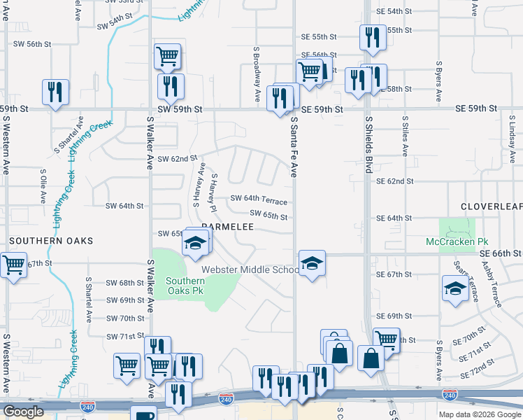 map of restaurants, bars, coffee shops, grocery stores, and more near 104 Southwest 64th Terrace in Oklahoma City