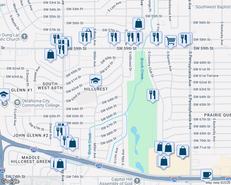 map of restaurants, bars, coffee shops, grocery stores, and more near 2517 Southwest 63rd Place in Oklahoma City