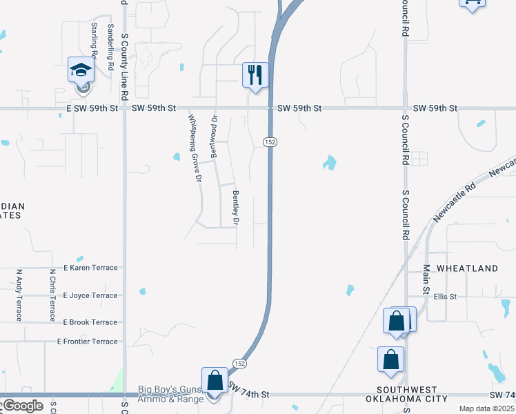 map of restaurants, bars, coffee shops, grocery stores, and more near 6512 Bentley Drive in Oklahoma City