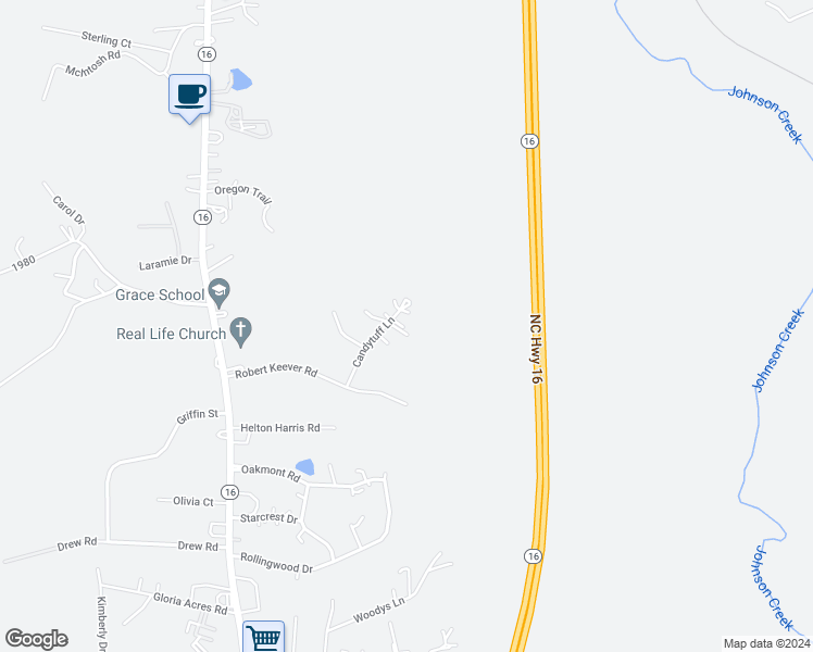 map of restaurants, bars, coffee shops, grocery stores, and more near 218 Candytuff Lane in Stanley