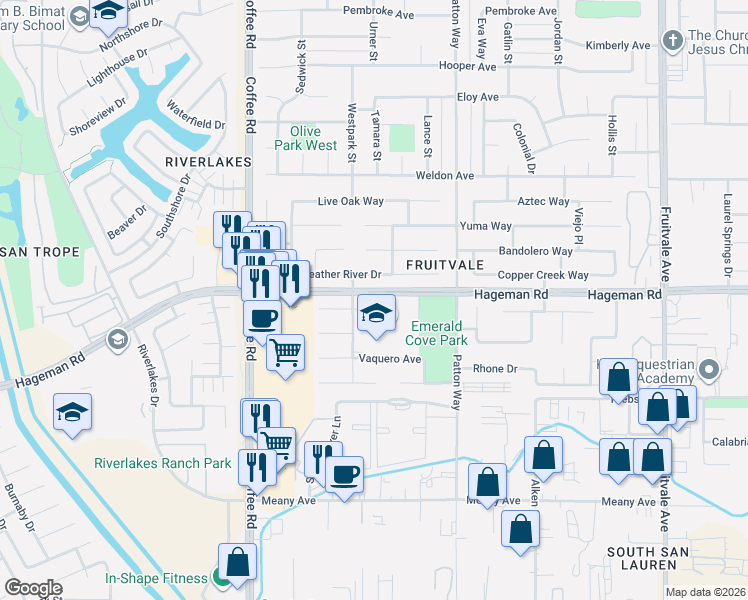 map of restaurants, bars, coffee shops, grocery stores, and more near 7505 Feather River Drive in Bakersfield