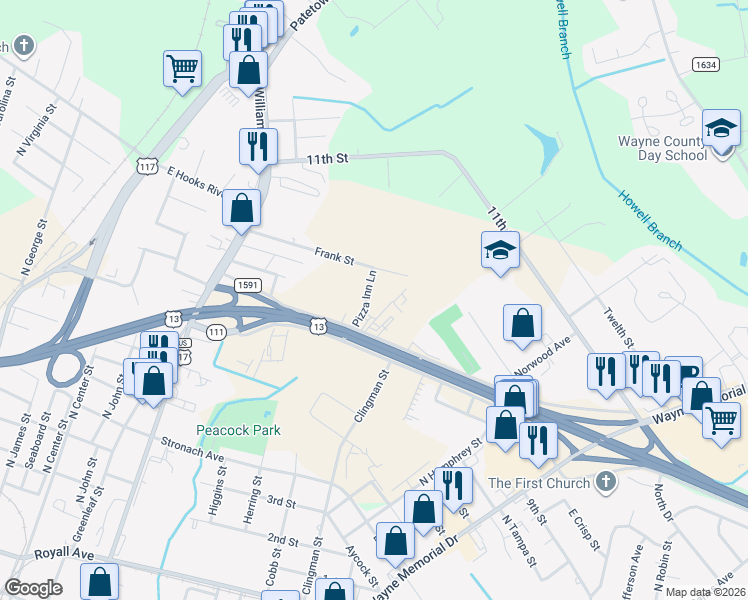 map of restaurants, bars, coffee shops, grocery stores, and more near 1634 Pizza Inn Lane in Goldsboro